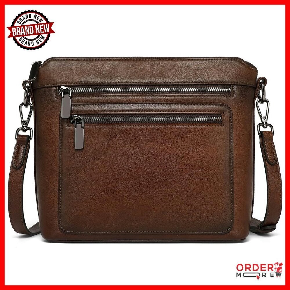 Genuine Leather Crossbody Bag With Multiple Pockets & Adjustable Straps
